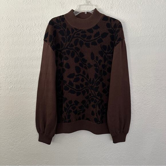 St John Brown Leaf Floral Turtleneck Sweater Large - Picture 1 of 4